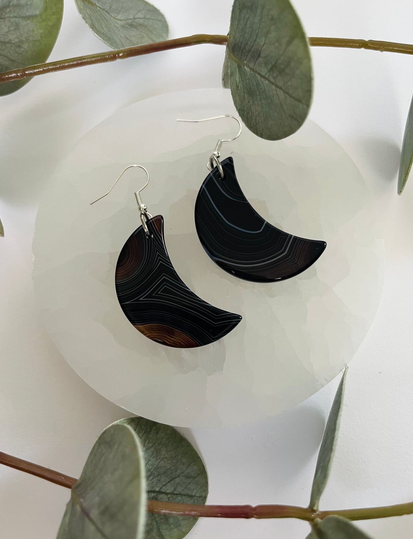 Black Agate Moon Earrings