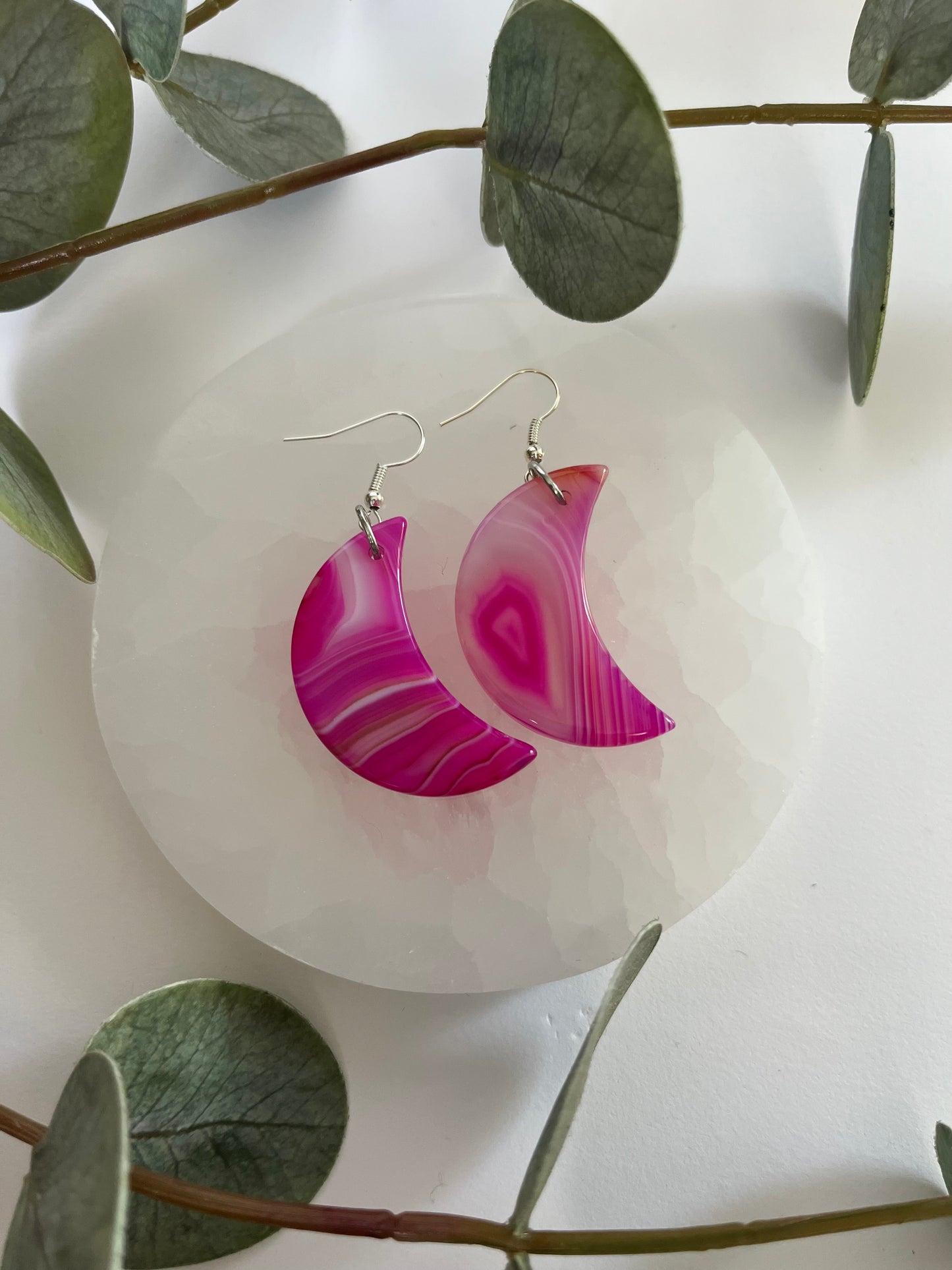 Pink Agate Moon Earrings #1