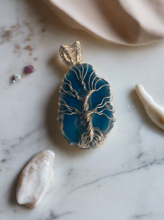 Blue Agate Wire-Wrapped Pendant